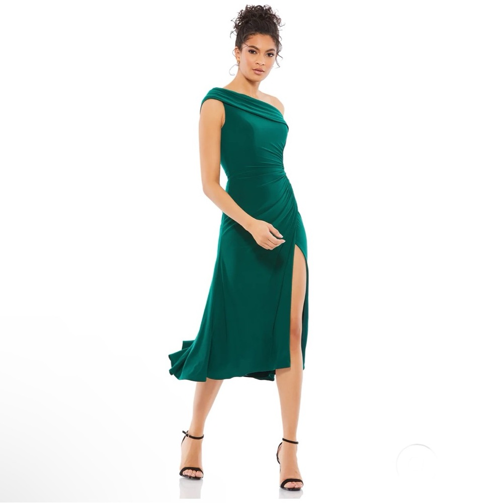 MAC DUGGAL Ruched Off The Shoulder Midi Dress NEW Emerald Green Size 4